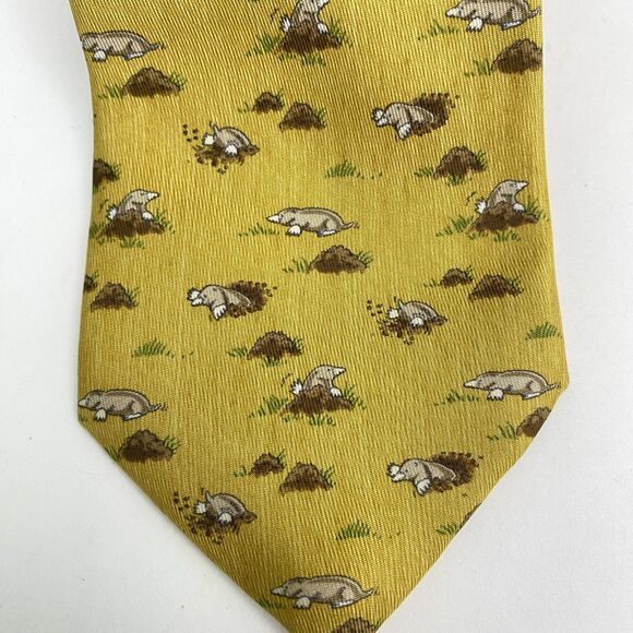 Hermes Paris Tie Mens Yellow Silk Mole Animal Novelty Pattern Luxury Necktie - Picture 2 of 8